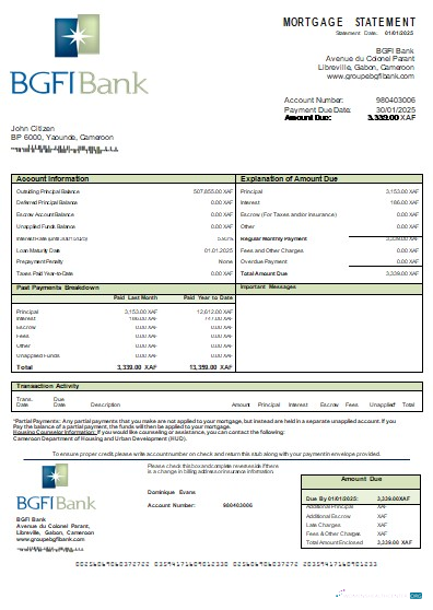 Download Cameroon BGFI bank mortgage statement scr Photoshop template